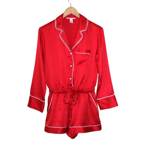 VICTORIA'S SECRET Satin Button-Front Romper with Rhinstones in Red (XS) - Picture 2 of 13
